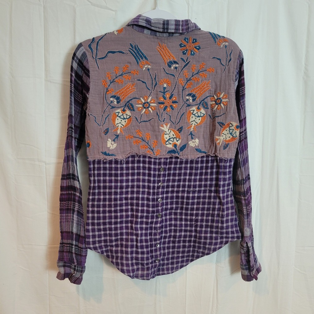 Sundance Purple Plaid Embroidered Back Button Down Shirt XS Boho Floral FLAWS